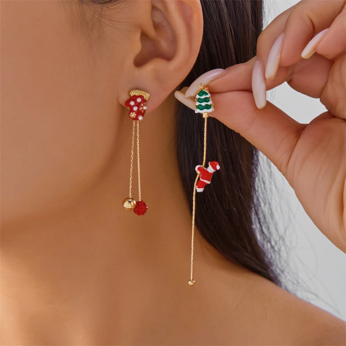 Christmas Earrings Cartoon Crawling Santa Claus Sleigh Deer Tree Bell Glove Asymmetric Drop Earring For Women Men Jewelry Gift