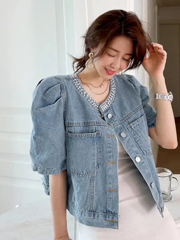

Waed Cotton Pearl Decorated Bubble Sve Denim Jaet ort Свободная женская круглая одежда Ne Jaet Casual Faion Весенняя верхняя одежда