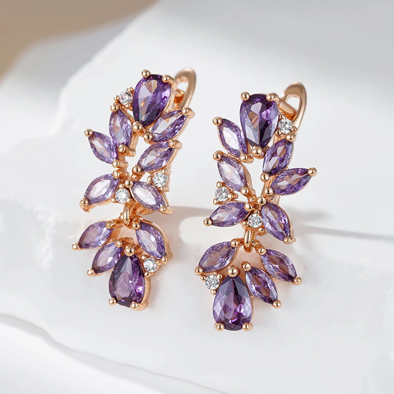 JULYDREAM Luxury Full Paved Purple Zircon 585 Gold Color Geometric Dangle Earrings for Women Luxury Wedding Party Jewelry