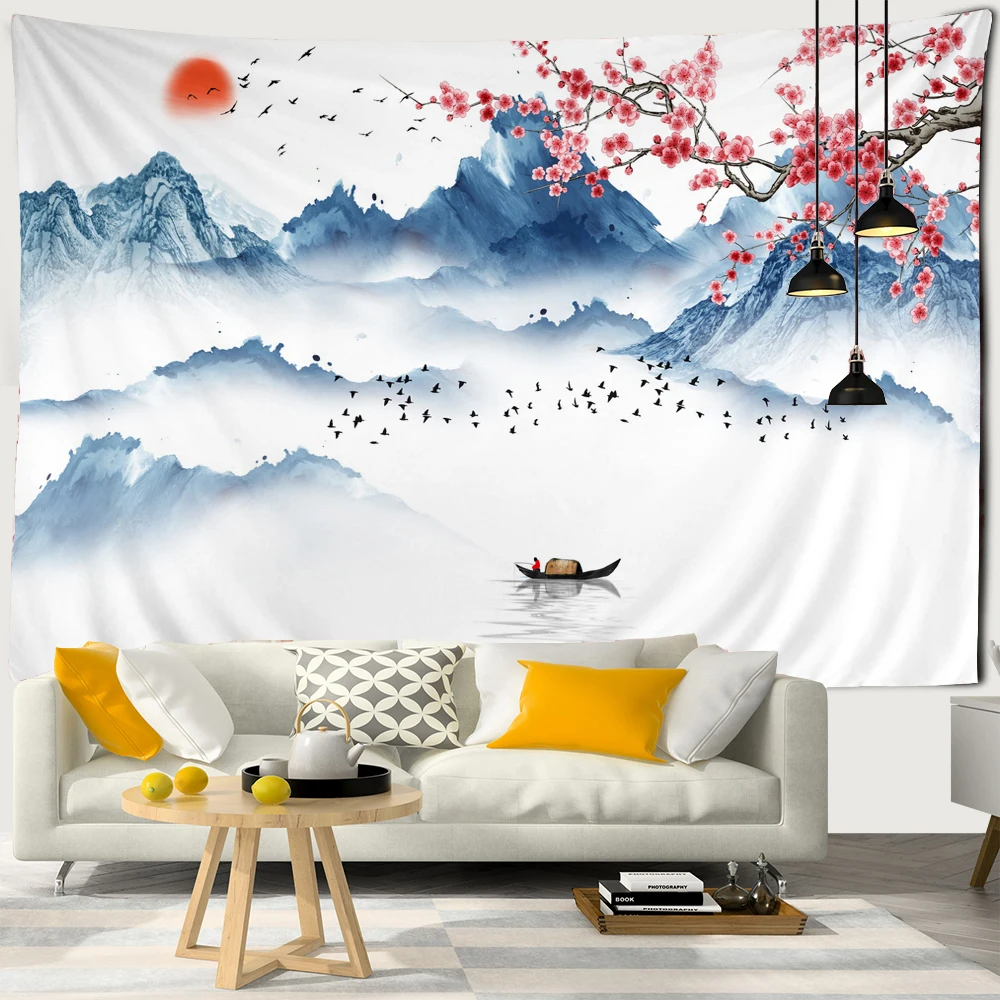 

Flower Bird Figures Landscape Painting Tapestry Wall Hanging Chinese Style Aesthetic Room Home Bedroom Decor Cloth Tapestries