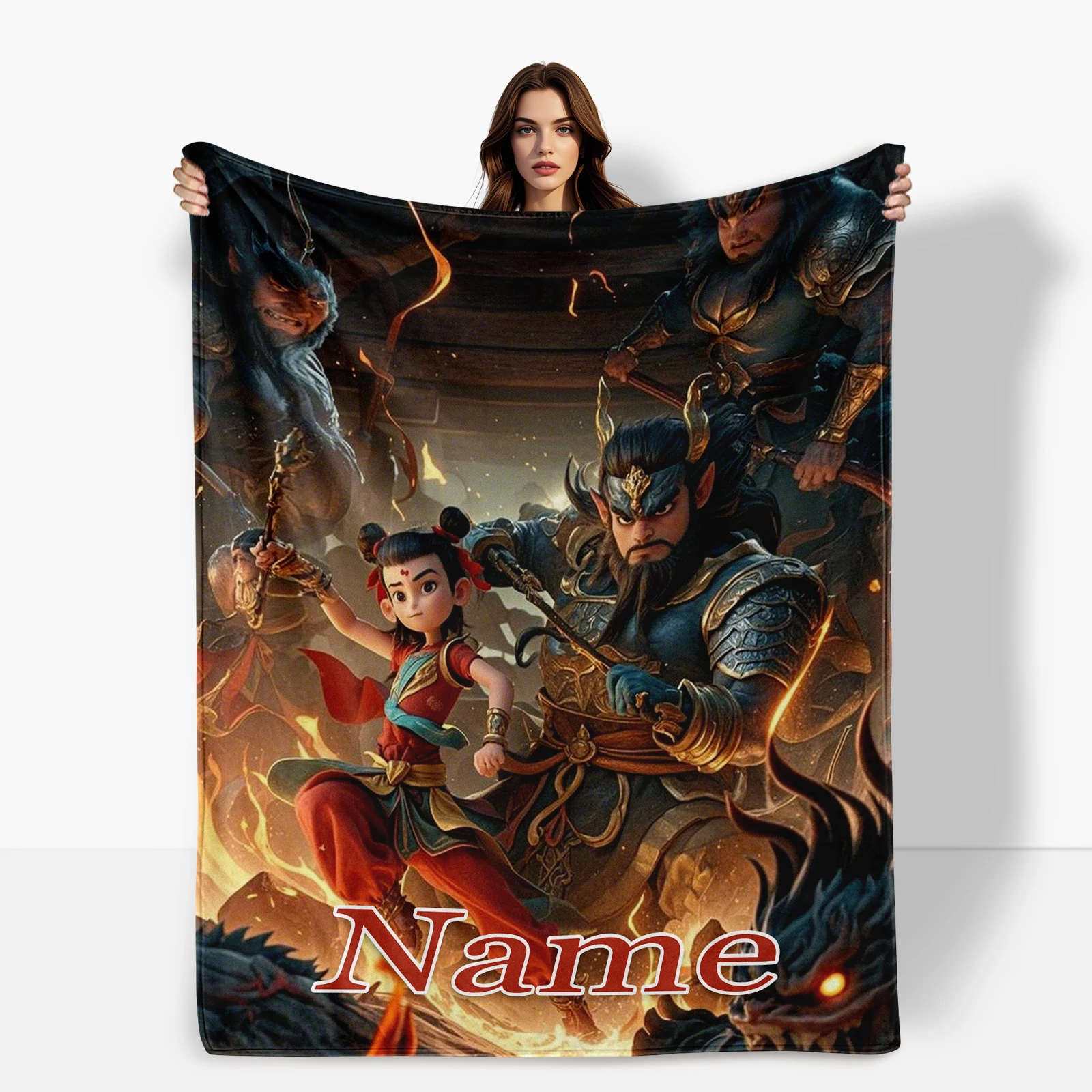 

Unique Flannel Blanket For Family And Kids Featuring Nezha Cartoon And One Heartfelt Custom Text