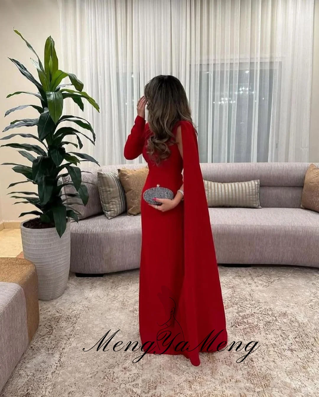 ZHUISHU فساتين حفلة موسيقية طويلة باللون الأحمر السعودي بأكمام طويلة على شكل حرف A وأكمام كيب فستان رسمي للمناسبات مخصص على شكل حرف A ثوب مسائي للنساء #3