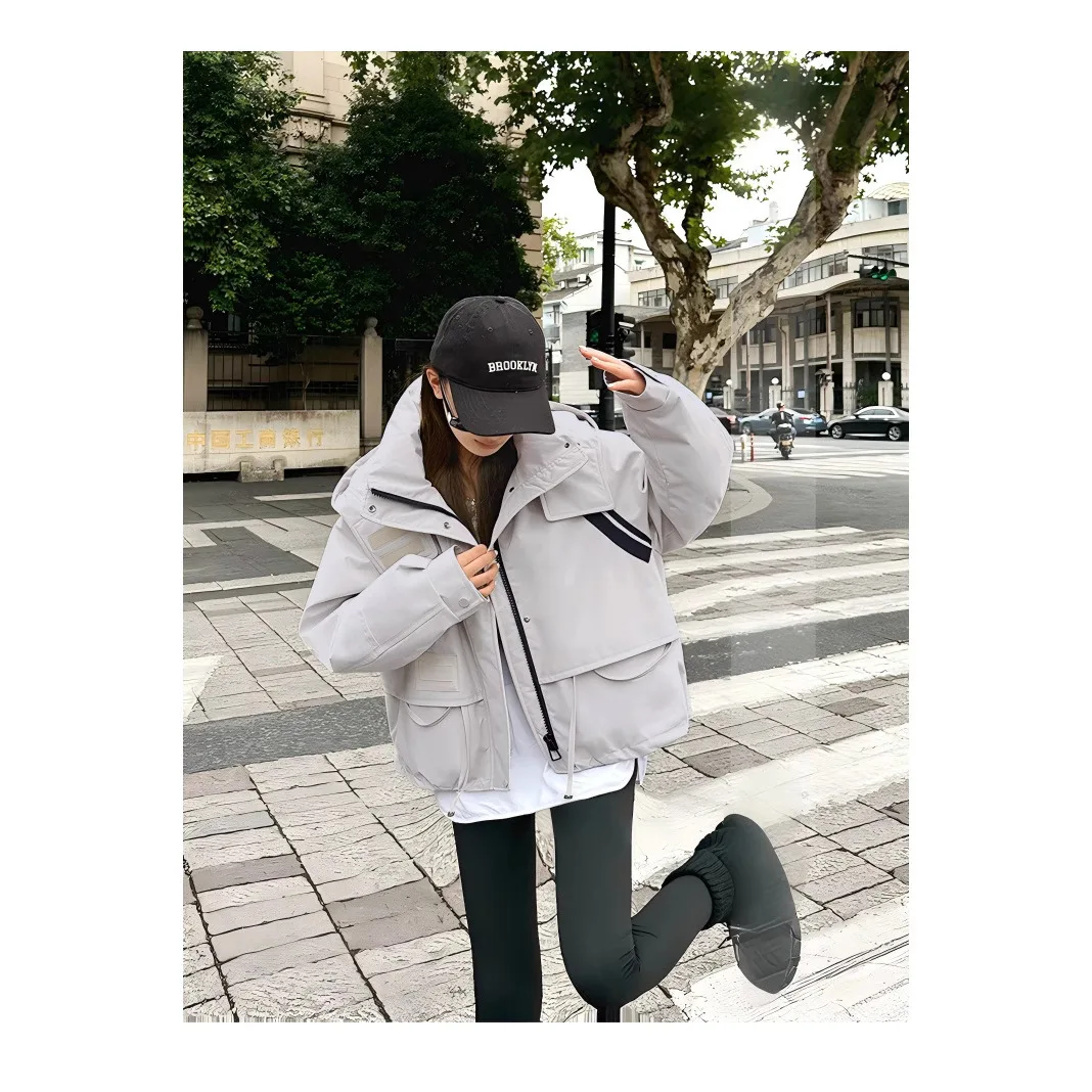 Women Short Coat Patchwork Warm Thick Loose Jackets Parkas Hooded Long Sleeve Casual Spliced Jacket Streetwear Autumn Winter