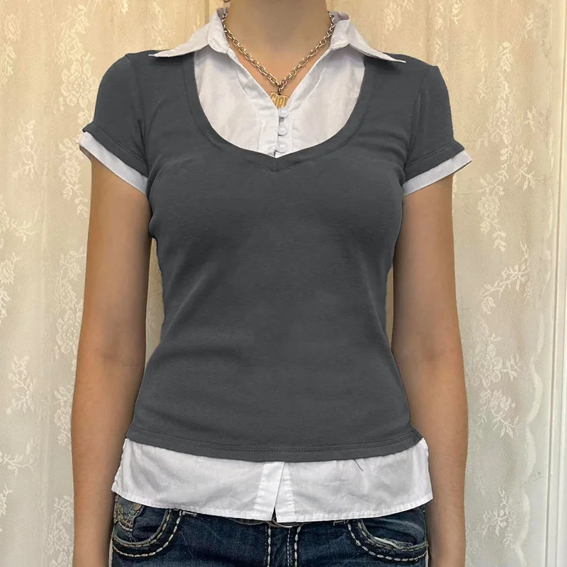 American simple college style splicing fake two contrasting color short-sleeved T-shirt women polo collar slim-fit base blouse