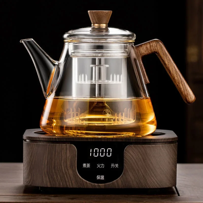 Household Wooden Handle Glass Teapot Heat Resistant High Borosilicate Glass Steaming and Boiling Teapot Tea Separation Pot