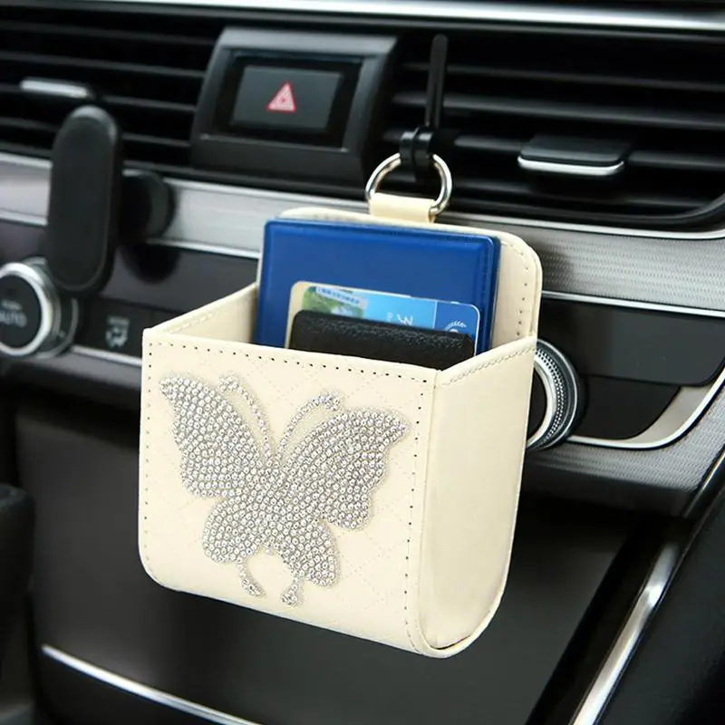 Car Air Vent Pouch Automotive Case For Air Outlet Automotive Mount Artificial Leather Container Artificial Gems Encrusted