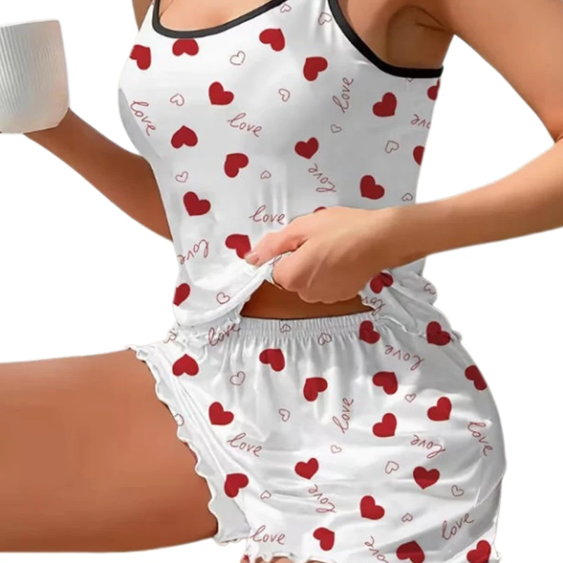 2 Pcs Heart Print Letter Pajamas Set Home Wear Backless Crop Top and Shorts Comfortable Loose Fit Summer Sleepwear Home Suit Set