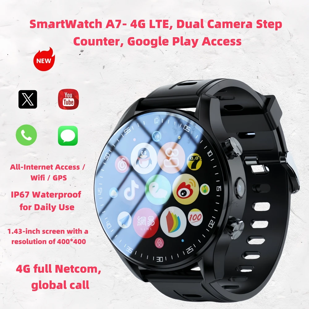 A7 4G Smartwatch WiFi/GPS/Waterproof | SIM Calling, Google Store, Video Tracker & Fitness BalanceSports Watch