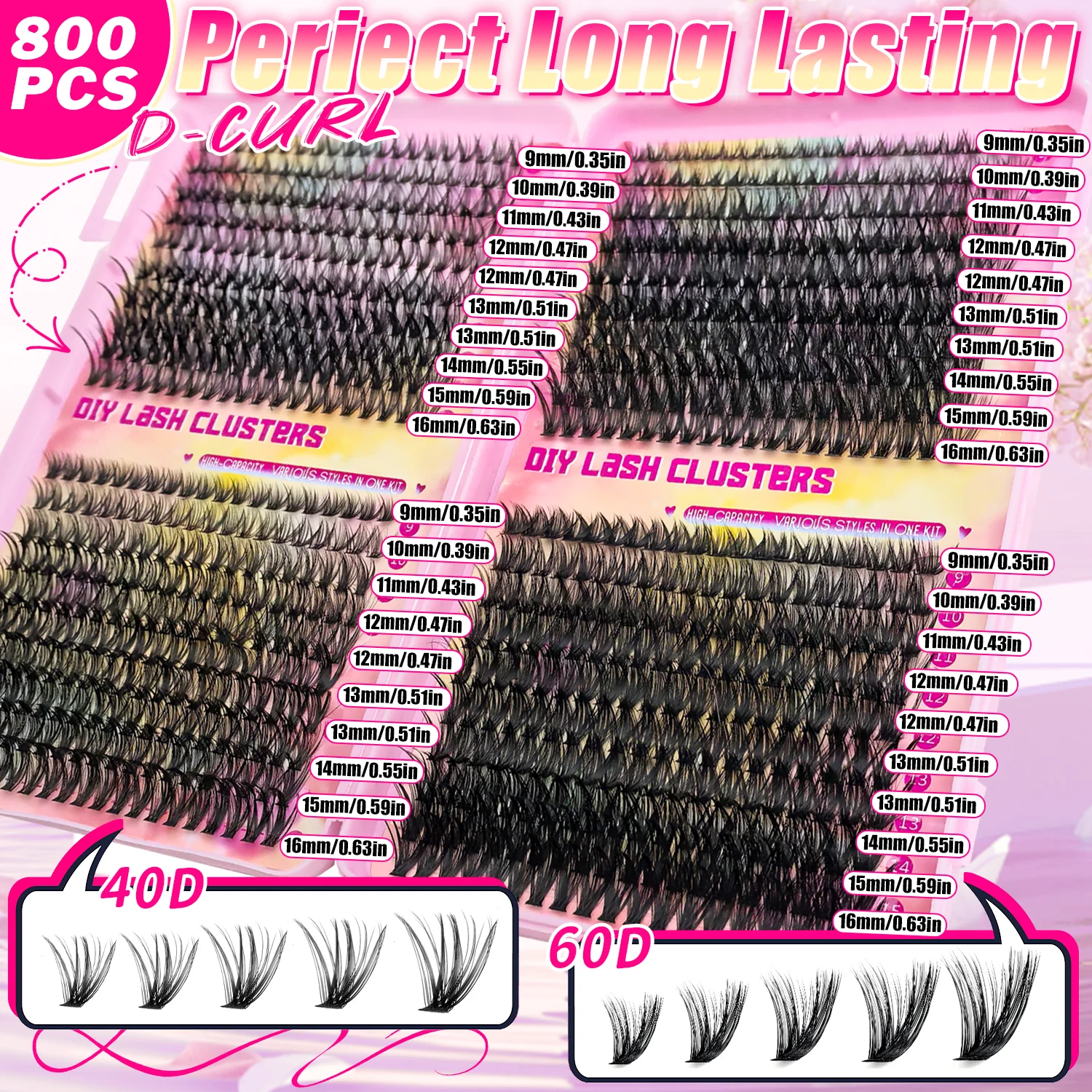 790 قطعة مجموعة مجموعات الرموش الفردية عالية السعة 9-16 مللي متر أطوال مختلطة طبيعية رقيق وملابس مريحة مكياج يومي مثالي