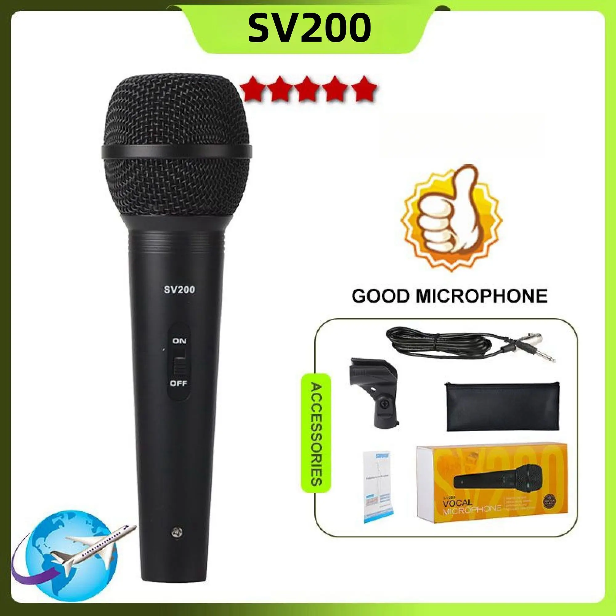 SV200 Cardioid Dynamic Vocal Microphone with On/Off Switch, With XLR Cable, Mic Clip,Handheld Wired mic