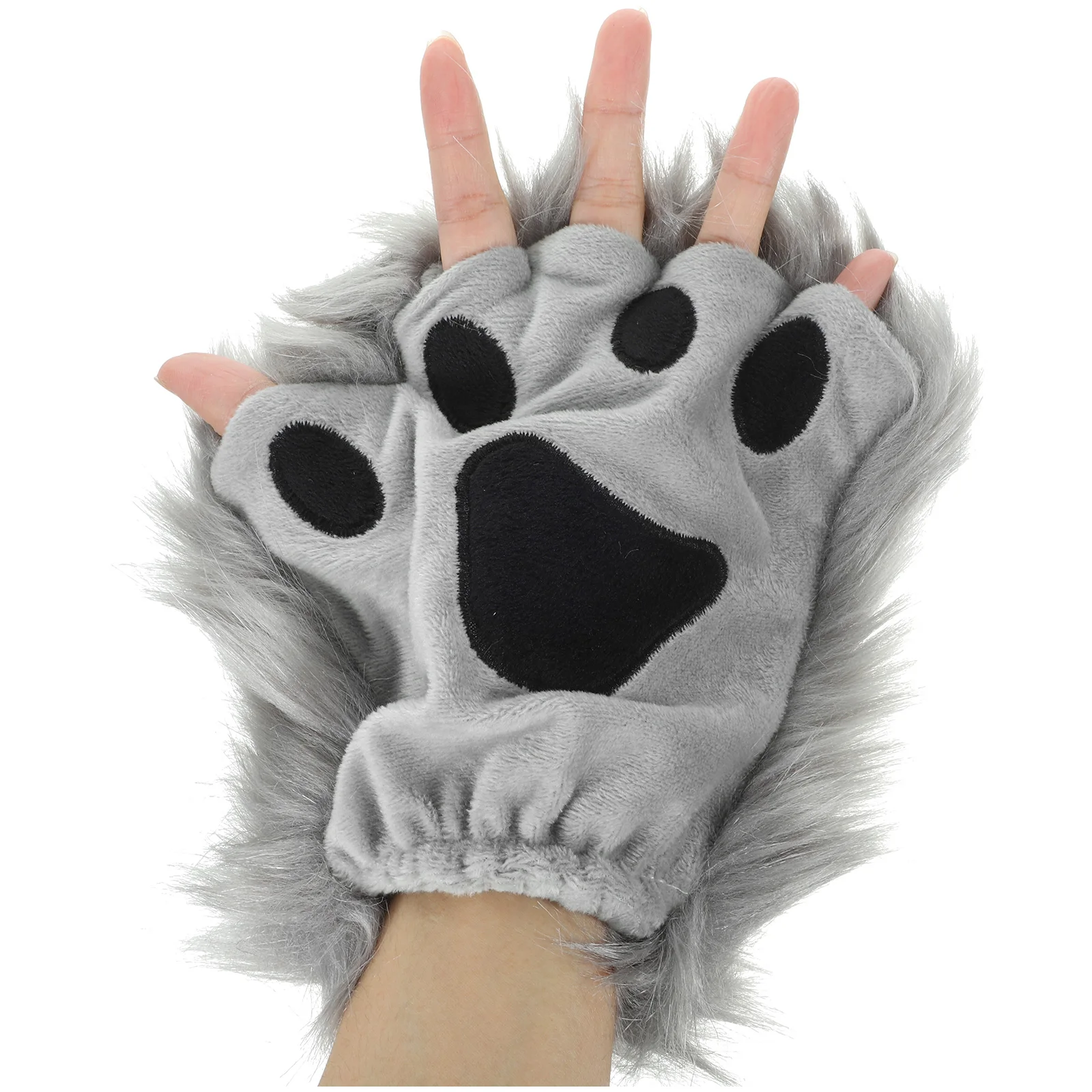 

Animal Gloves Half Finger Furry Grey Clothing Halloween Costume Paw Design Warm Mittens Functional Accessories