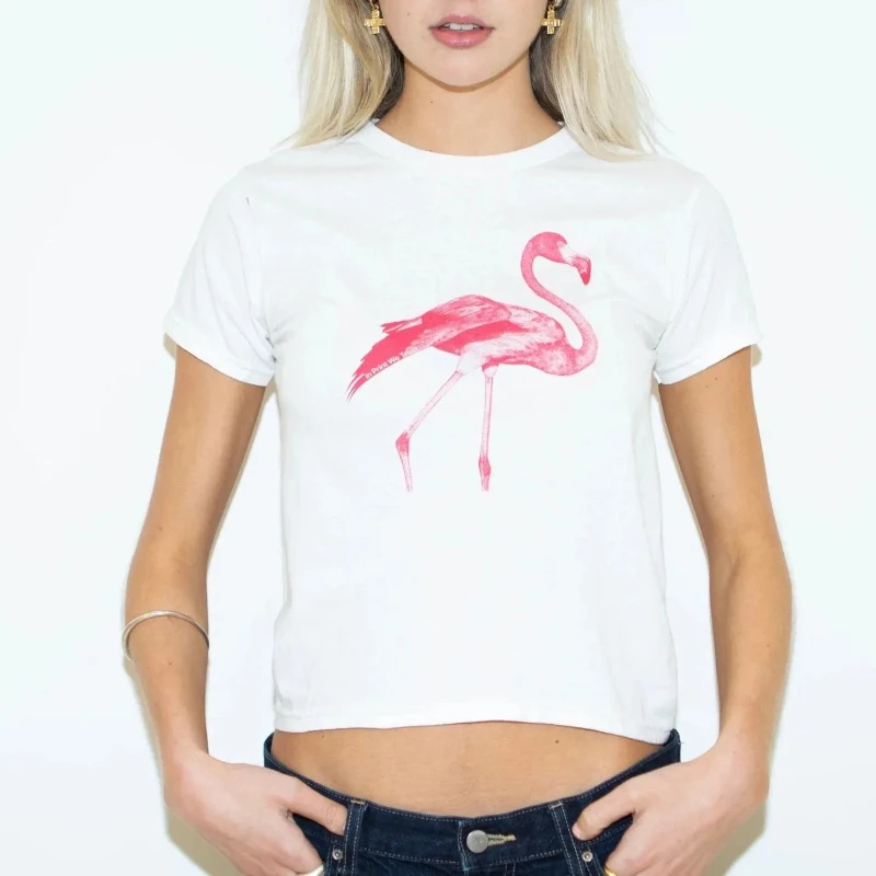 

High street casual flamingo printed women's short sleeved T-shirt with multiple colors to choose from, loose top