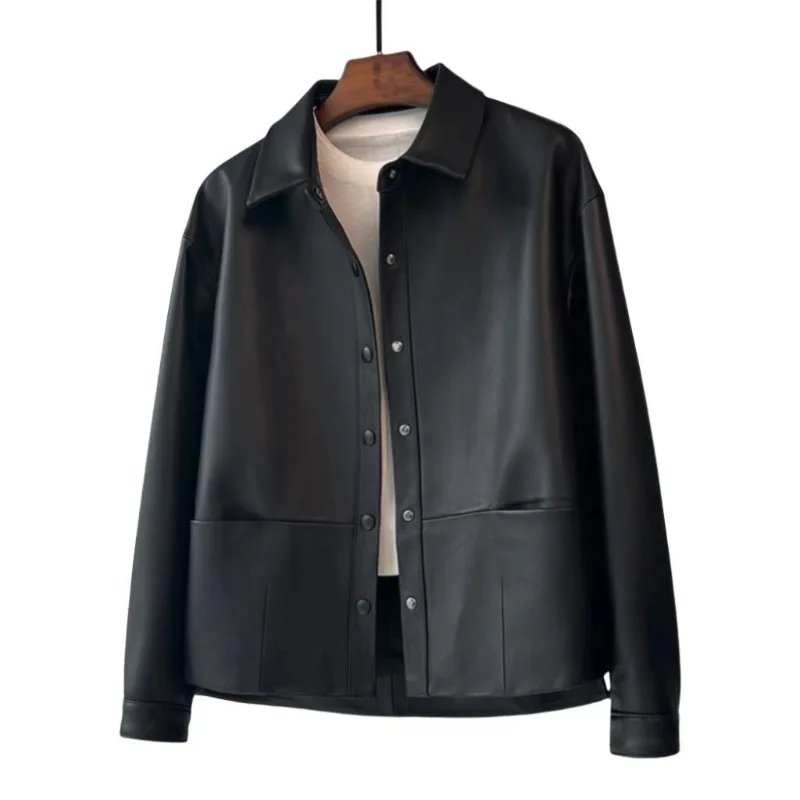 Women's Leather Jacket Autumn Classic Black Loose Casual Jackets Long Sleeves Lapels Single Breasted Spliced Short Women's Coat