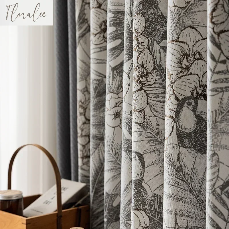 Jacquard Black and Gray Chenille Blackout Curtains for Living Room Bedroom Floor-to-ceiling Thickened  Windows Curtain Custom