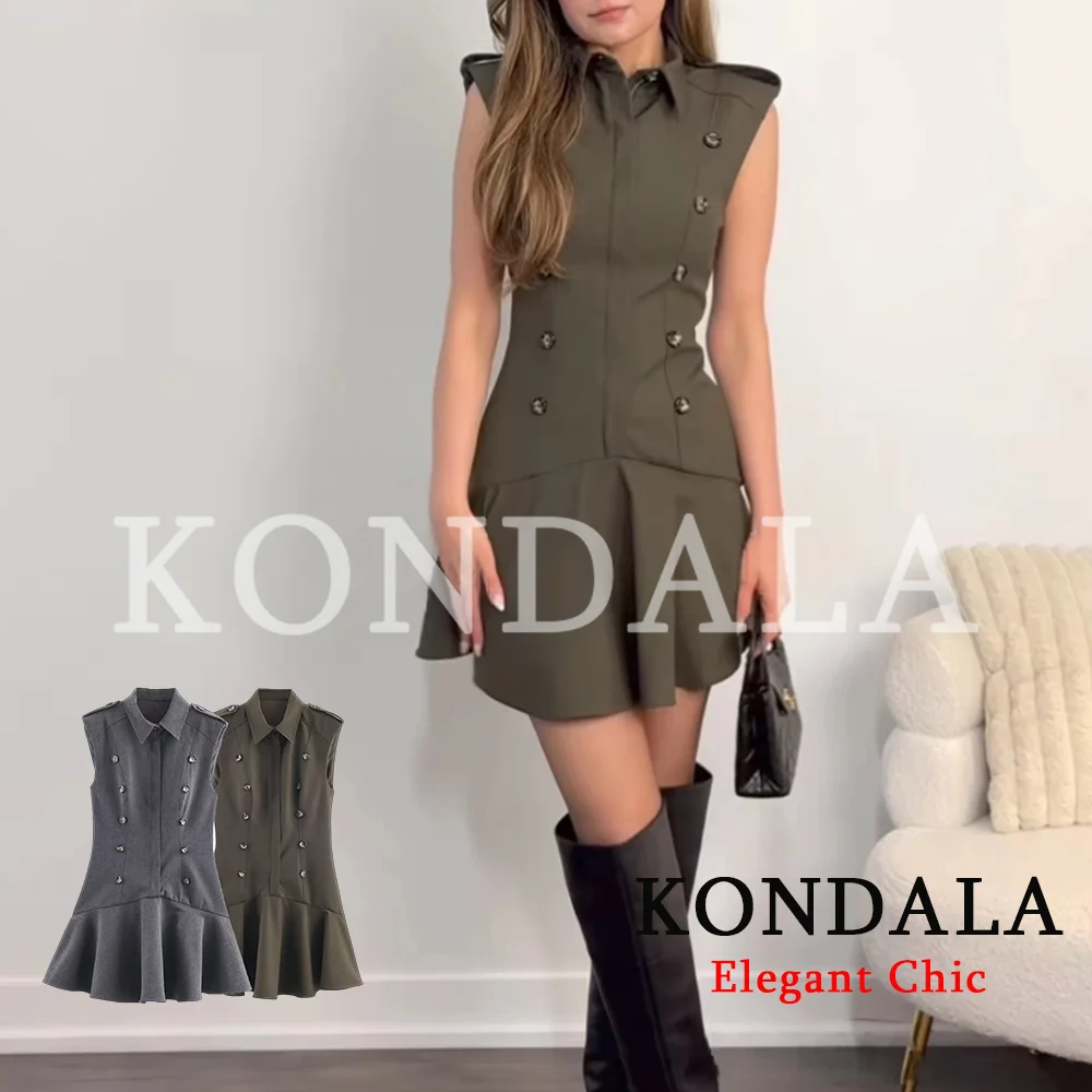 KONDALA Doppelreihiges Schlankes Kurzes Kleid Damen Lässiges Ärmelloses Kleid mit Revers 2026 Sommer Herbst Trendiges Elegantes Damen-Minikleid