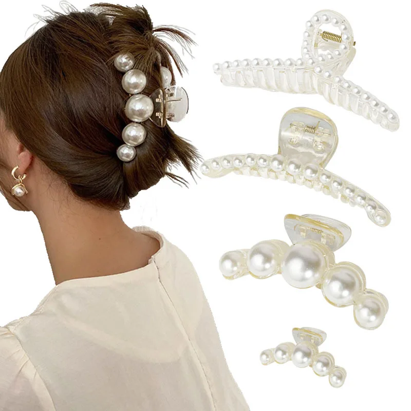 

4pcs Simulated Pearl Large Shark Clip Crab Fashion Hairpins Hair Claws For Women Hair Accessories Korean Acrylic Hair Clip Gifts