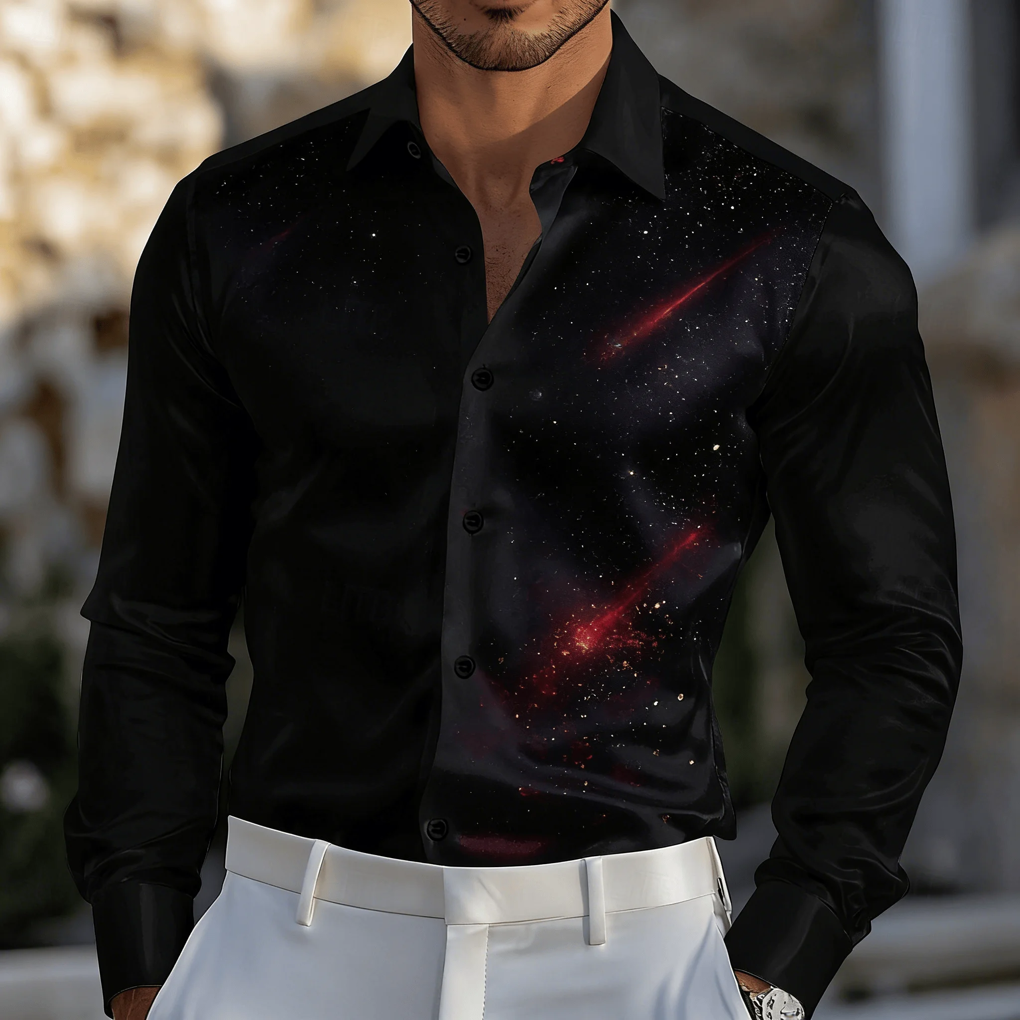 

Men's Black Galaxy Meteor Print Lapel Shirt, Spring Summer Night Party Top, Starry Cosmic Design