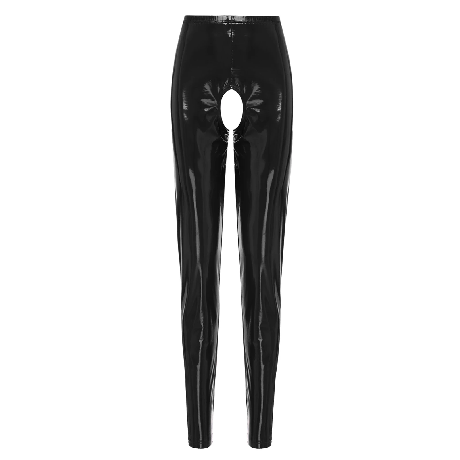 Women Glossy Patent Leather Crotchless Pants Wet Look Rave Dance Elastic Waistband Leggings High Waist Long Pants Sexy Clubwear