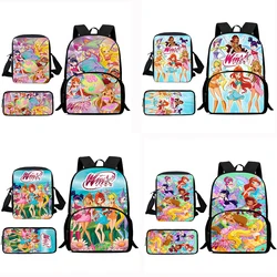 Anime W-Winx Clubs Bolsas escolares de grande capacidade para meninos e meninas, bolsa de ombro, estojo de lápis, mochilas para alunos, melhor presente para criança