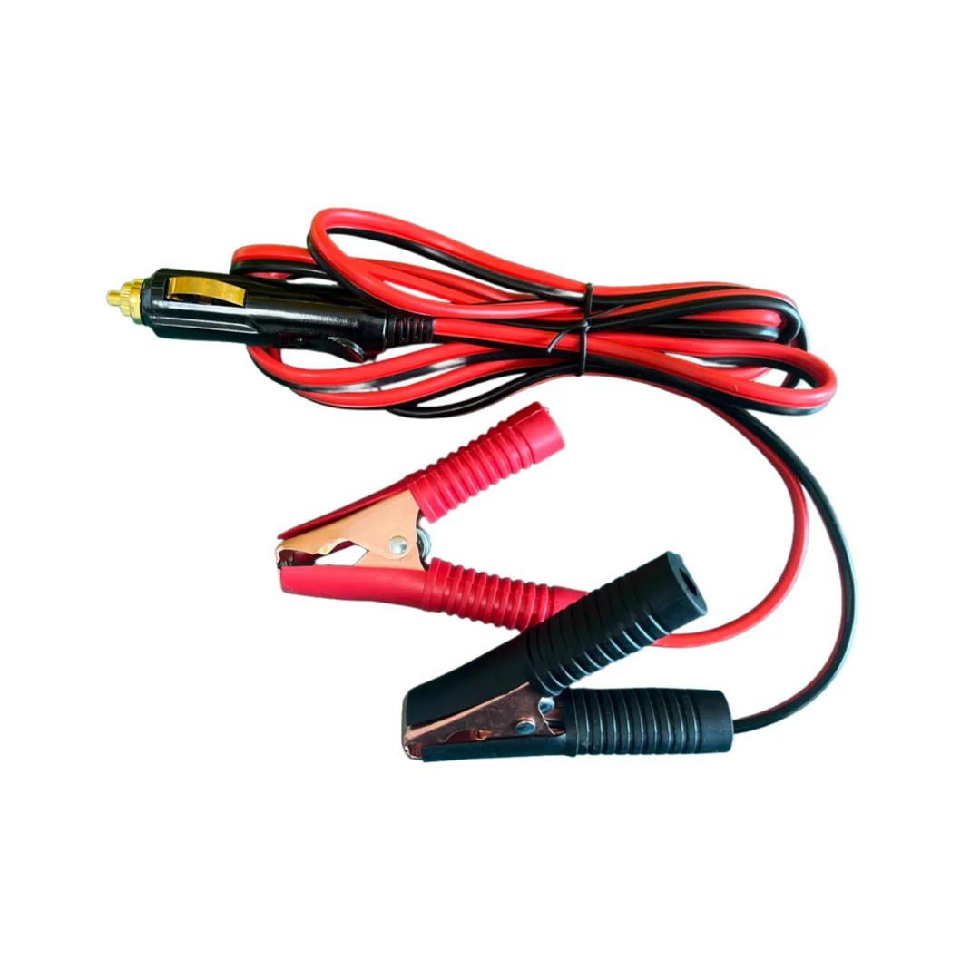 Car cigarette lighter power adapter with LED light, crocodile clips, 15A fuse, universal for 12V/24V, 2m length.