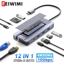 12-in-1 USB-C Hub with M.2 NVMe/SATA SSD Enclosure, Support Type-C HDMI 4K60Hz SD TF Card PD 100W 1000M Ethernet For Mac iPad