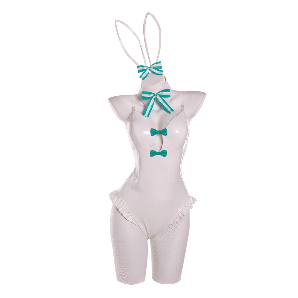 Mikuu Cosplay Niedlicher Rurudo-Künstler Weißes Häschenmädchen-Kostüm Damen Elastisches Leder Sexy Cosplay Häschenanzug Weiß Grün Overalls