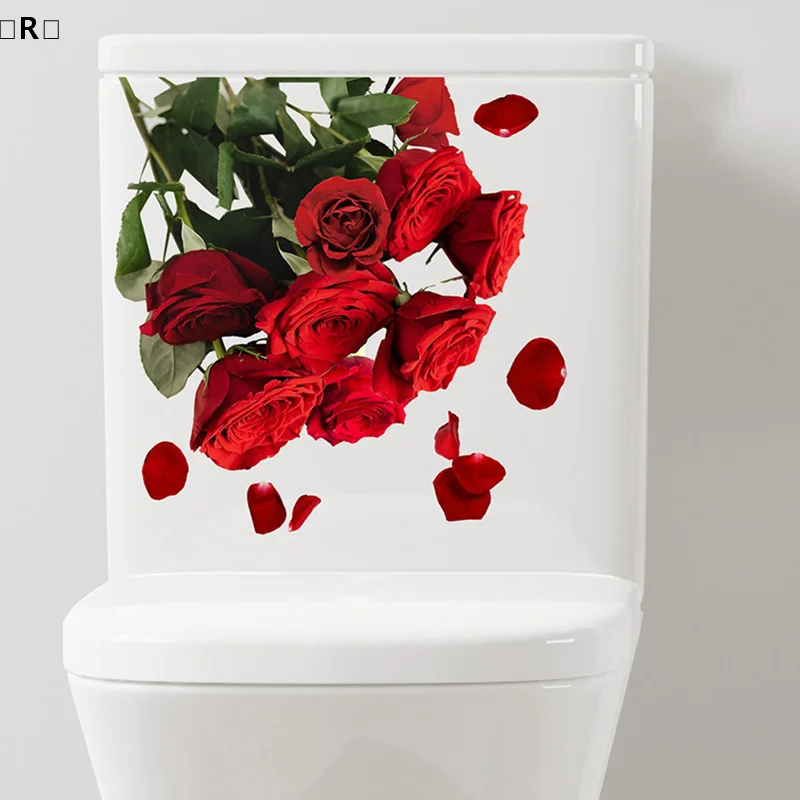 〔R〕Roses Toilet Seat Sticker Red Flower Lid Decal DIY Removable Watercolor Bouquet For Cistern Bathroom Home Decor〔Winter2〕