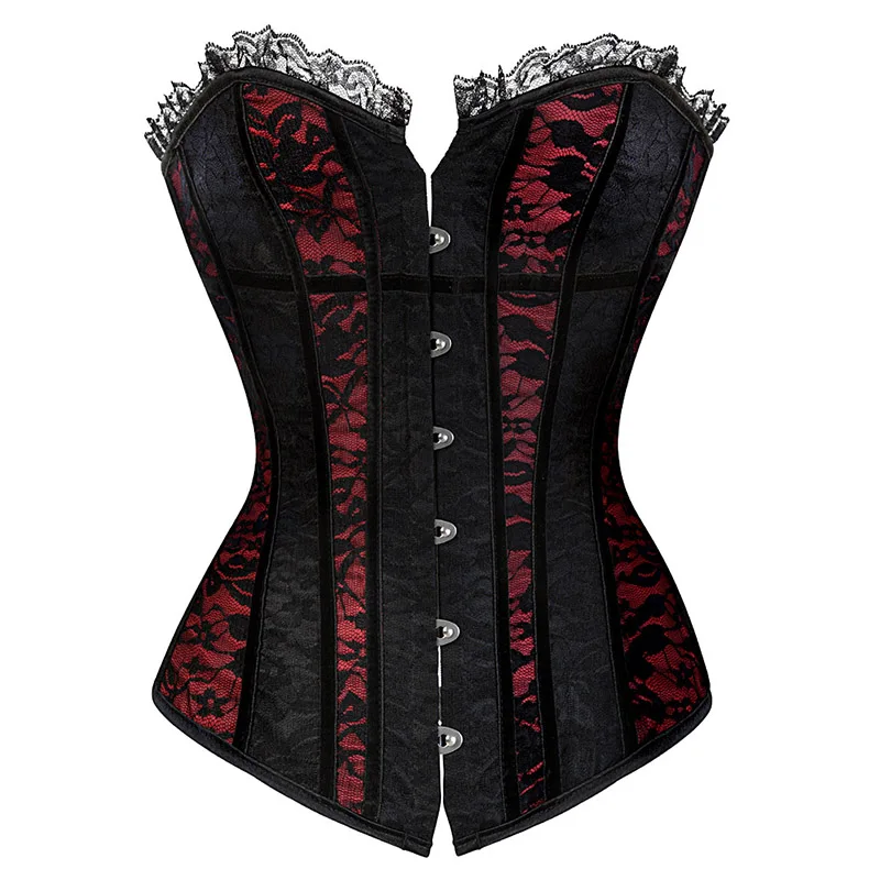 Women's Lace Cover Overbust Corset Lace Up Boned Lingerie Zipper Side Carnival Waist and Body Shaper Bustier