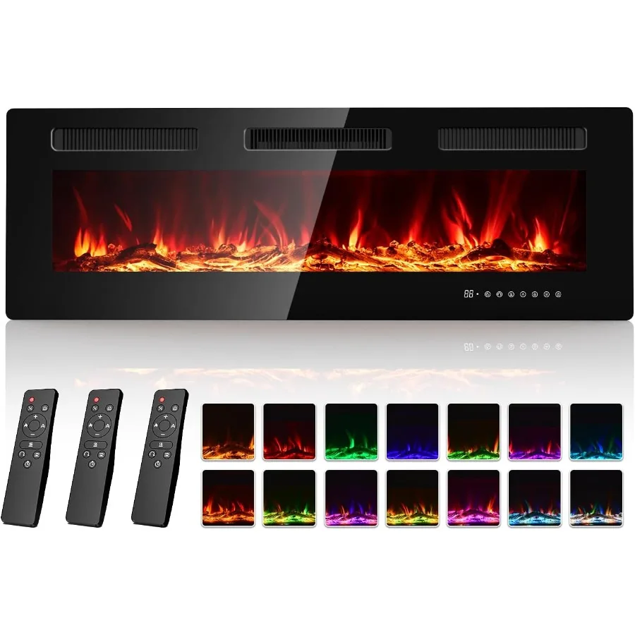 

50-дюймовый электрический камин с 3 пультами, встраиваемая или настенная вставка черного цвета, с 15 пламенными цветами, 6 регулируемыми скоростями, 150