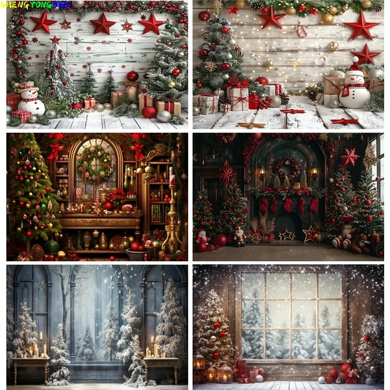 

Christmas Tree With Gift Boxes Photography Backdrops Winter Snow Decorations Wooden Door Fireplace Room Background Props WR-07