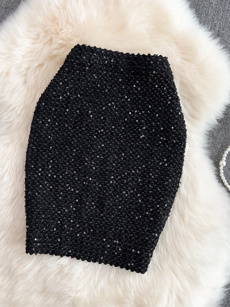 Summer Fashion Sparkling Sequin High Waist Slim Fit Skirt Korean Style Commute Short Tight One Step Half Body Skirt