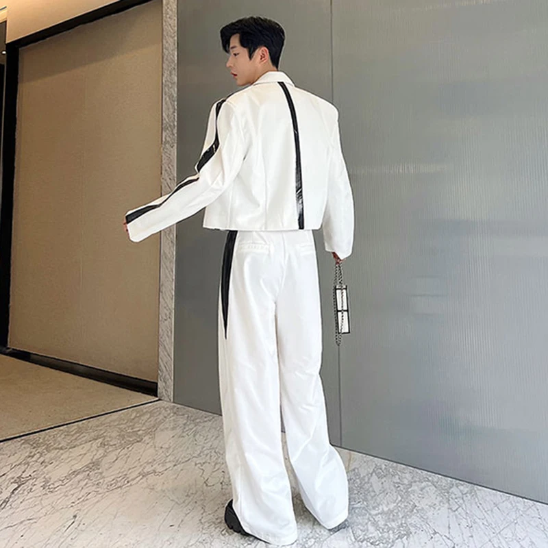 IEFB Korean Style Luxury Sets Niche Male Blazers Pu Leather Spliced Suit Coat Wide Leg Suit Pants Two Piece Tide Menwear 9C1614