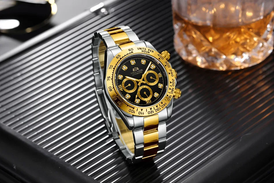 Automatic Watches Self Wind Mechanical Gold Black Stainless Steel Diamonds Stone Fashion Sports Luxury Men Watch