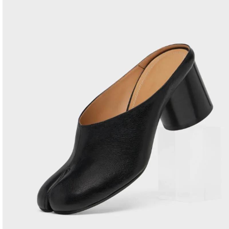 

2026 New Round Headed Headless Black Split Toe Thick Heels Mules Slippers PU Leather Sandals Oversize Long Length Women Shoes