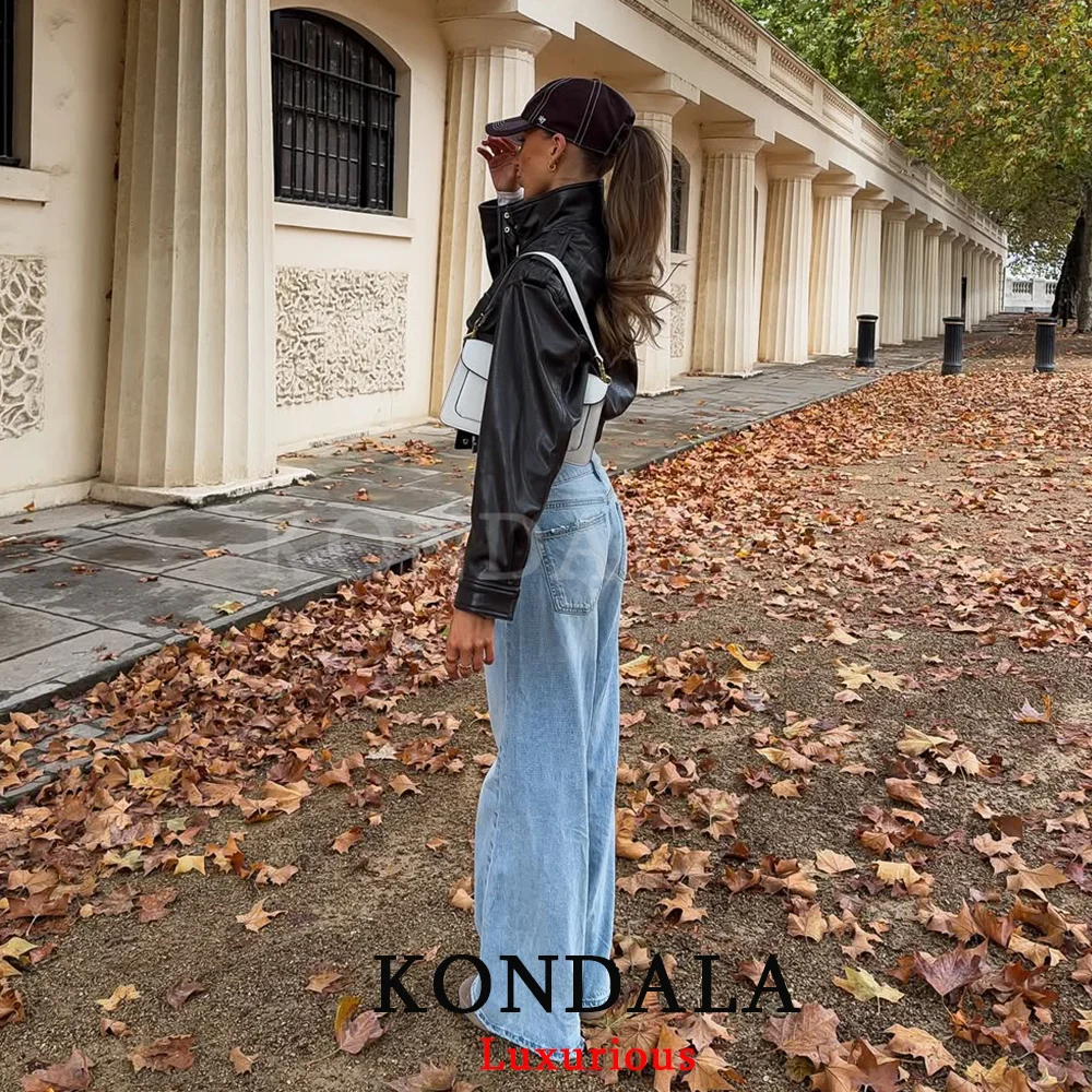 KONDALA Casual Chic Black Leather Bomber Jackets Women Long Sleeve Pockets Zipper Buttons Coat Fashion 2025 Autumn Winter Jacket