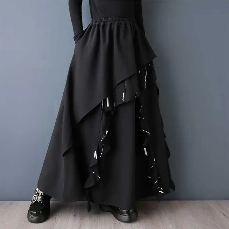 HKSH Spring Autumn New Women Skirt Asymmetric Ruffled Color Block Elastic Waisted Versatile A-line Elegant Casual Skirts HK17916