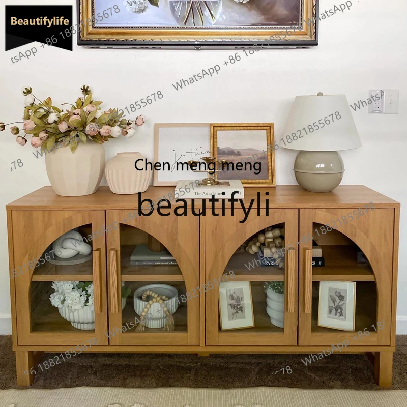 

GG French Retro Solid Wood Sideboard Natural Wood Color Glass TV Display Cabinet Storage Cabinet