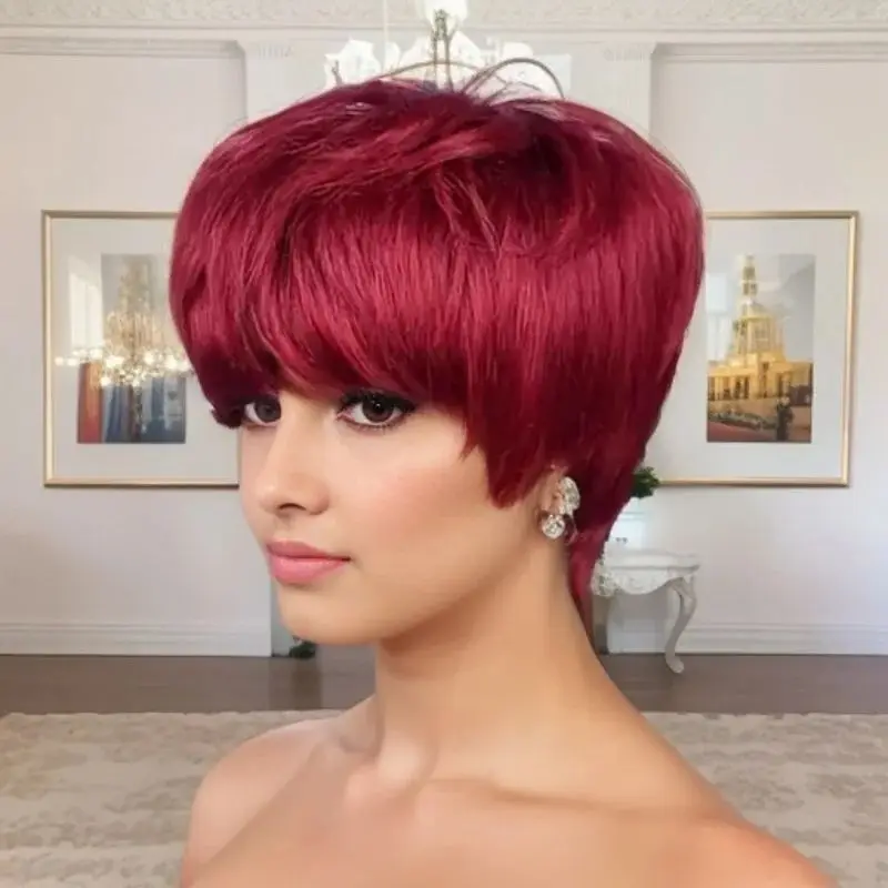 باروكات مموجة مستقيمة الطبقات مصنوعة آليًا بالكامل، شعر بشري قصير بورجوندي