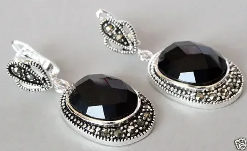 Vintage 925 Sterling Silver Natural Faceted Black Onyx Marcasite Earrings