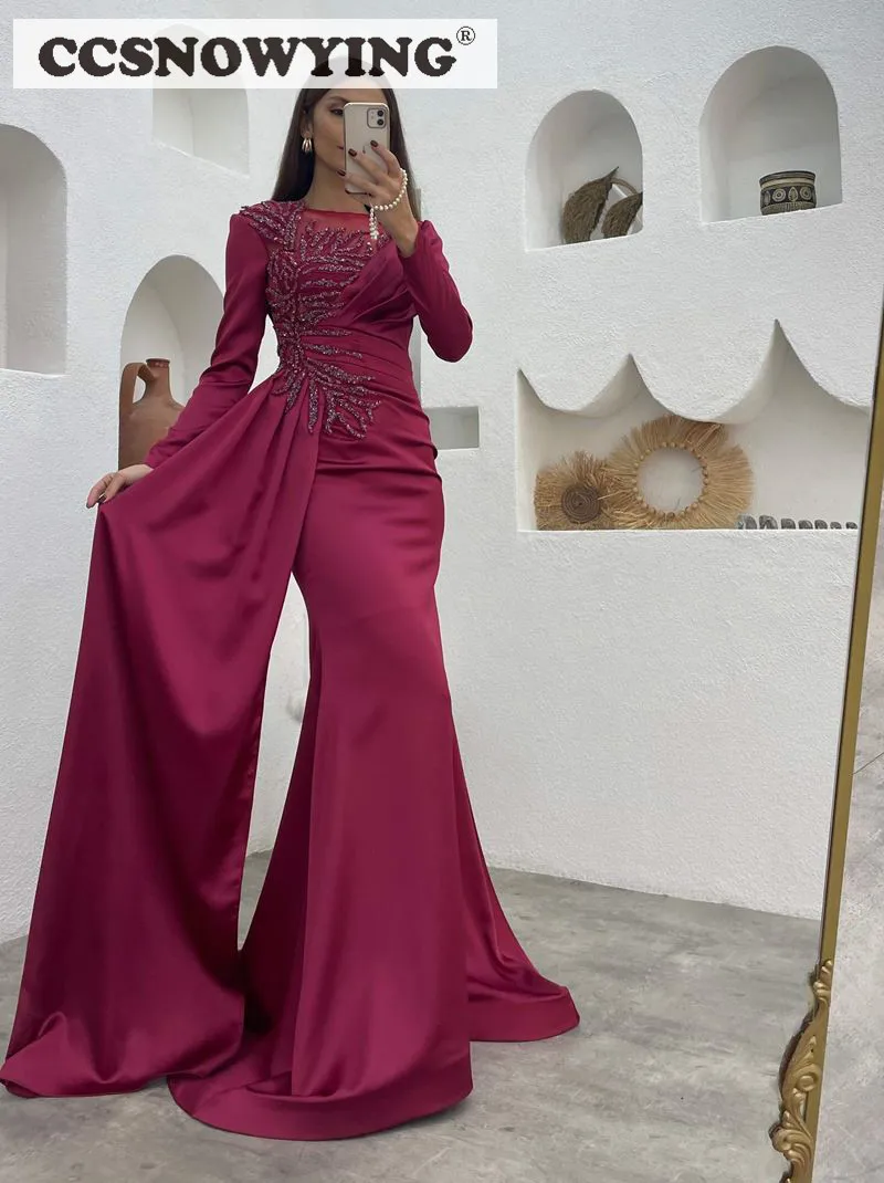 Robe de Soirée de Forme Sirène en Satin Perlé à Manches sulf, Caftan Arabe à Encolure Dégagée pour Femme