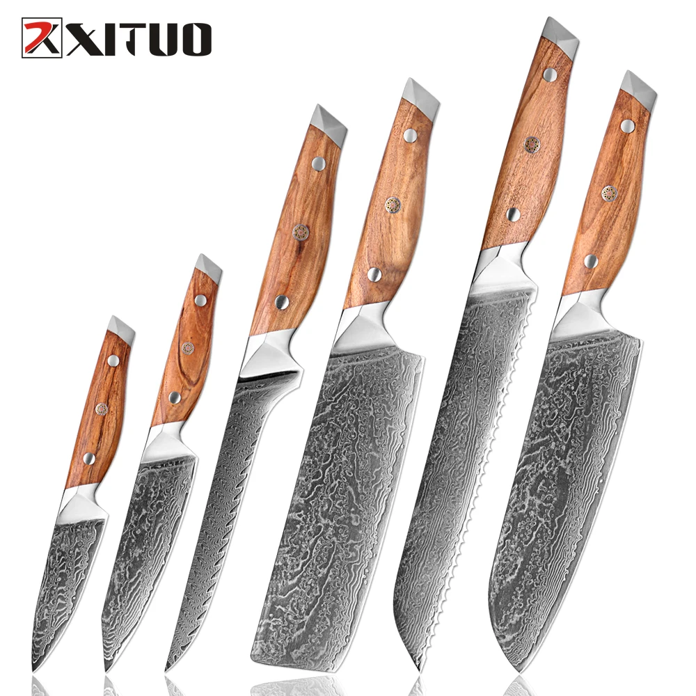 Professional Damascus Steel Kitchen Knives Set 1-6PCS for Santoku,Cleaver,Paring,Bread ,Boning, Cooking Knives Olive Wood Handle