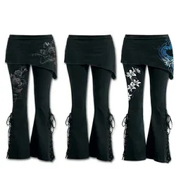 Women Black Embroidered Casual Bandage Flares Punk Lace Up Bell Bottom Leggings Vintage Pockets Solid Autumn Y2K Pants