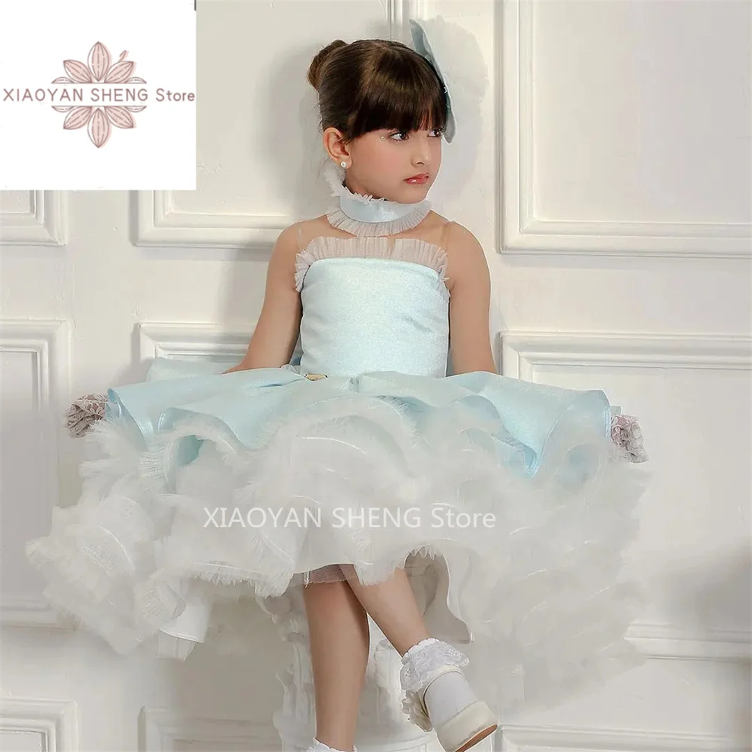 

Puffy Flower Girl Dresses For Wedding Tulle Elegant Blue Satin Knee Length Princess Birthday Party Prom Dress Ball Gowns