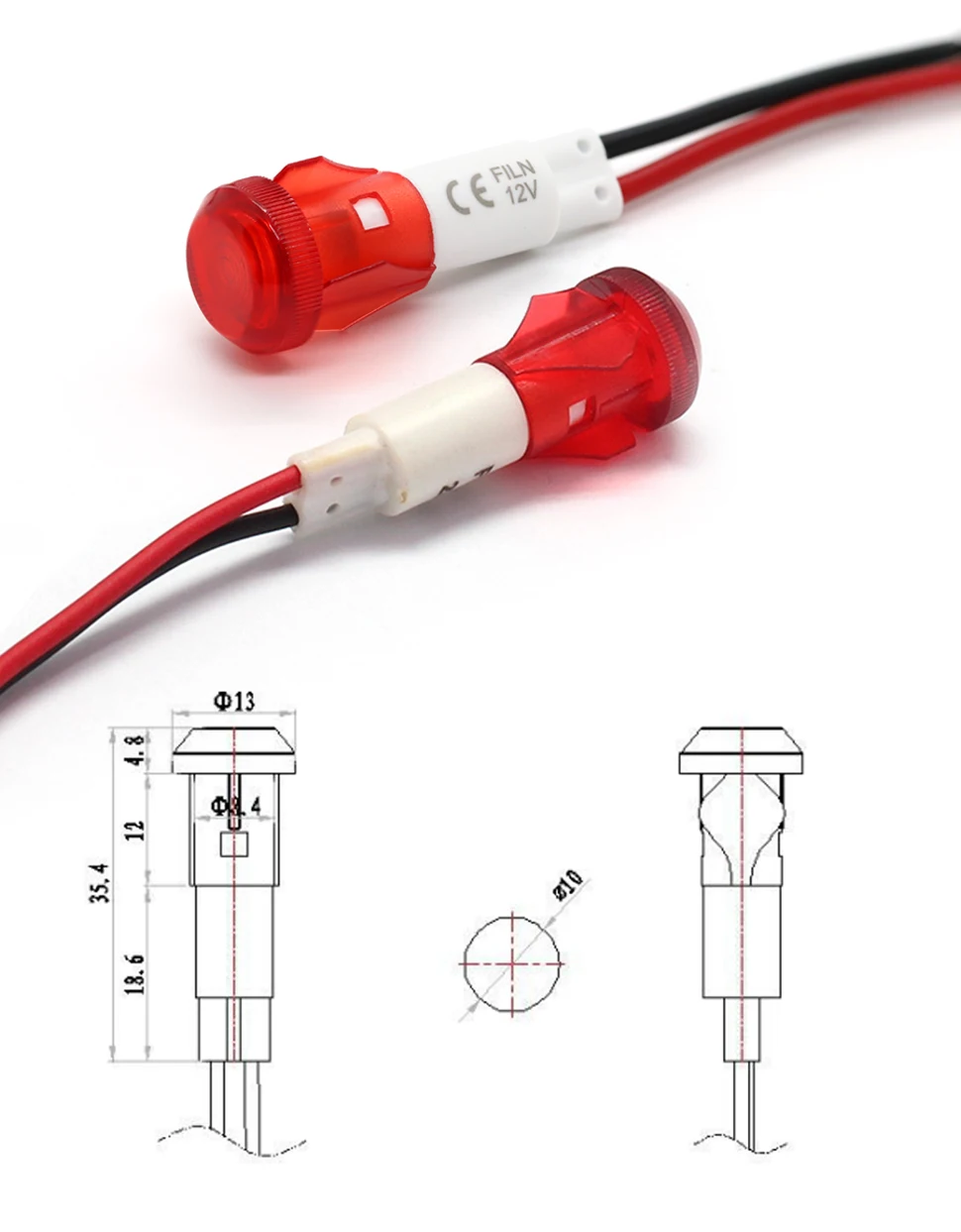FILN 10mm mounting hole diameter red yellow green blue white plastic 12v pilot lamp with 20cm cable