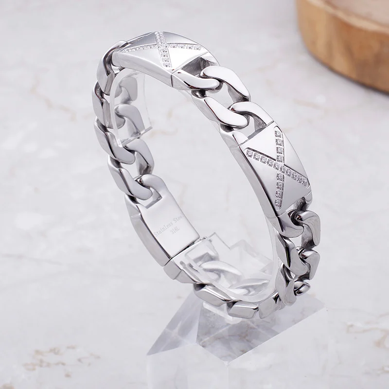 22cm Men's Stainless Steel Cross Shaped Rhinestone Bracelet Punk Style Cuban Chain Fashion Jewelry Birthday Gifts