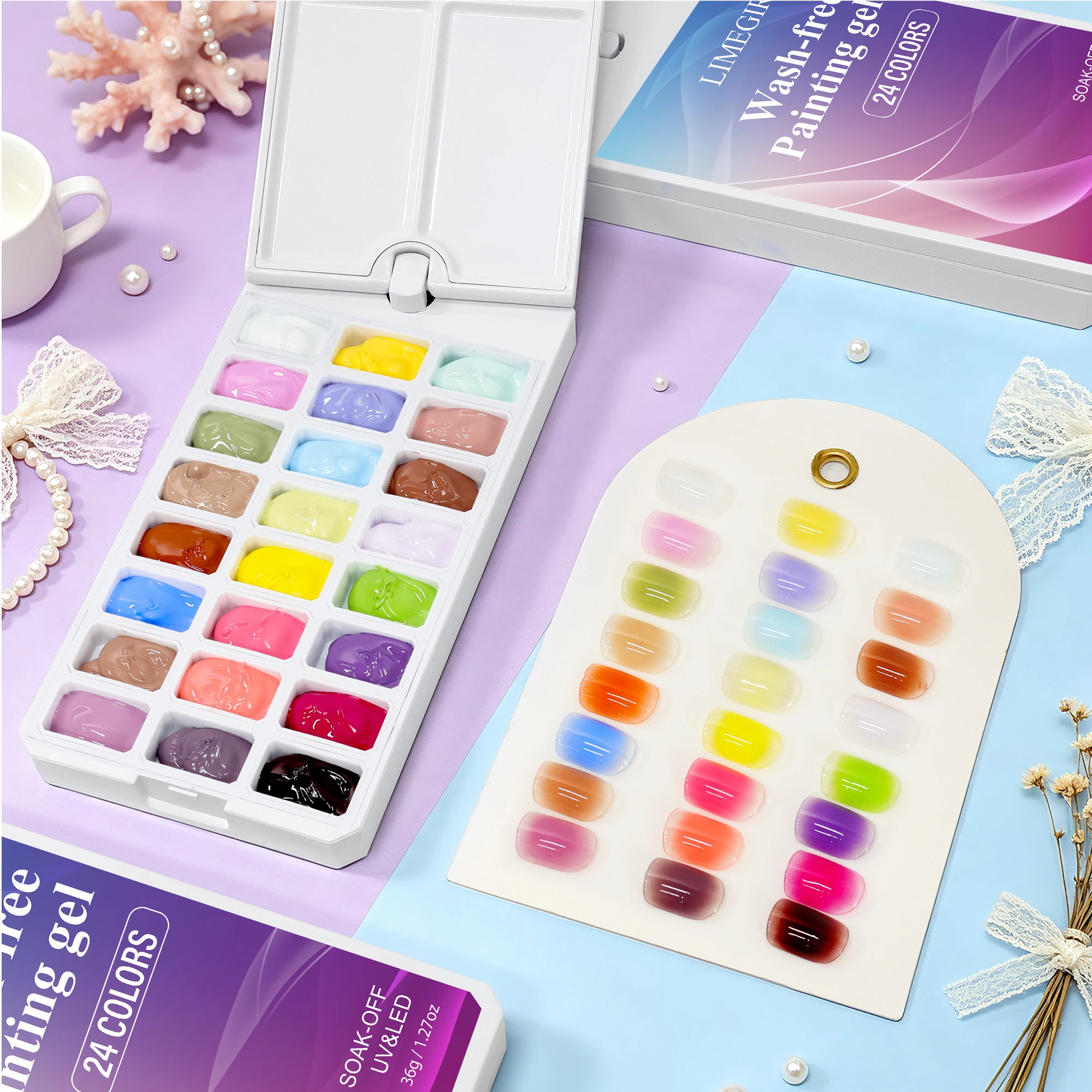 LIMEGIRL 24 Color Wash-Free Painting Gel Palette Nail Art Design Gradient Painting Gel for Nail DIY French Manicure Design Gel
