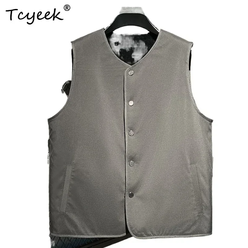 Tcyeek Real Sheepskin Wool Sleeveless Jacket Genuine Leather Vest 2025 Streetwear Fur Vests for Men Winter Autumn Mens Clothes