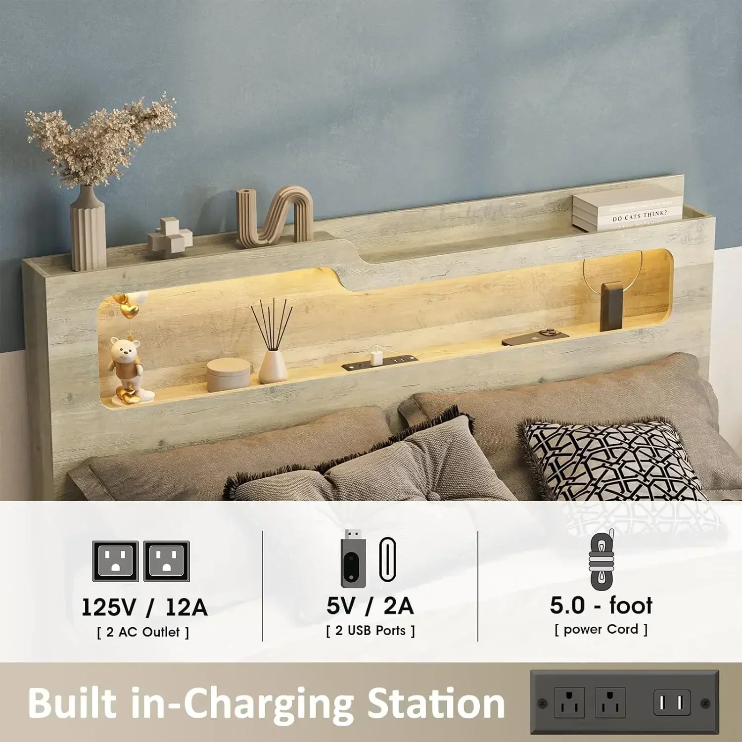 [Begrenztes Malangebot + kostenloser Versand! ]Queen-Size-Bettgestell mit hochklappbarer Stauraum und Ladestation, 2-stufiger Kopfteil