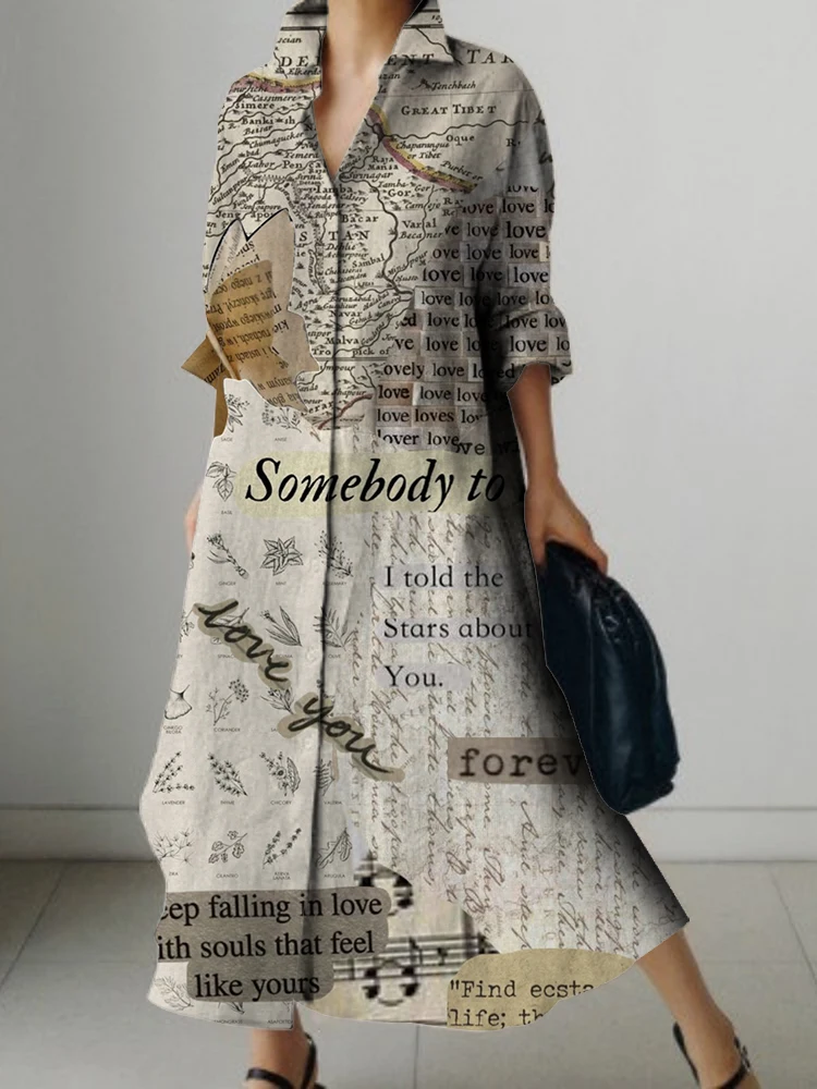 Fall Long Sleeve Lapel Dress Single Row Button Jacket Retro Fashion Printing Casual Comfortable Dinner Evening Party Gowns