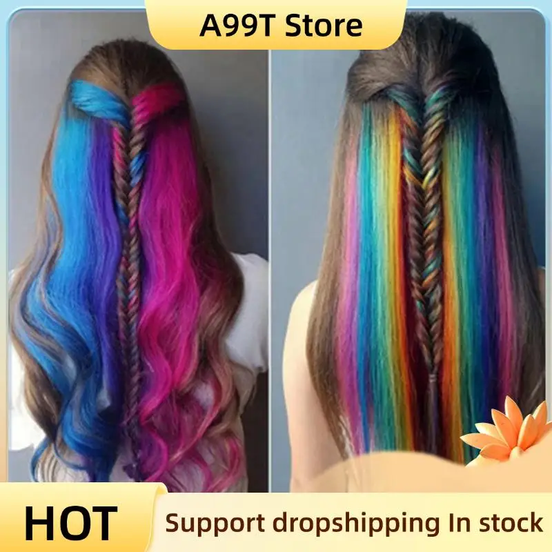 

A99T 65 Pcs Colored Party Highlights Colorful Clip In Hair Extensions 55Cm Straight Synthetic Hairpieces, Rainbow
